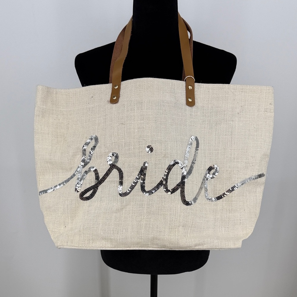 Muskie Bride Sequin Canvas Tote Bag in Cream with Brown Handles 21” x 14”
